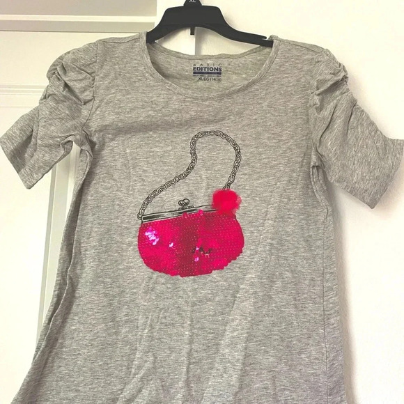 Basic Editions Girls Sequin Grey Pink Tee 14 /16 Size XL ruffled shoulder sleeve - Picture 1 of 9
